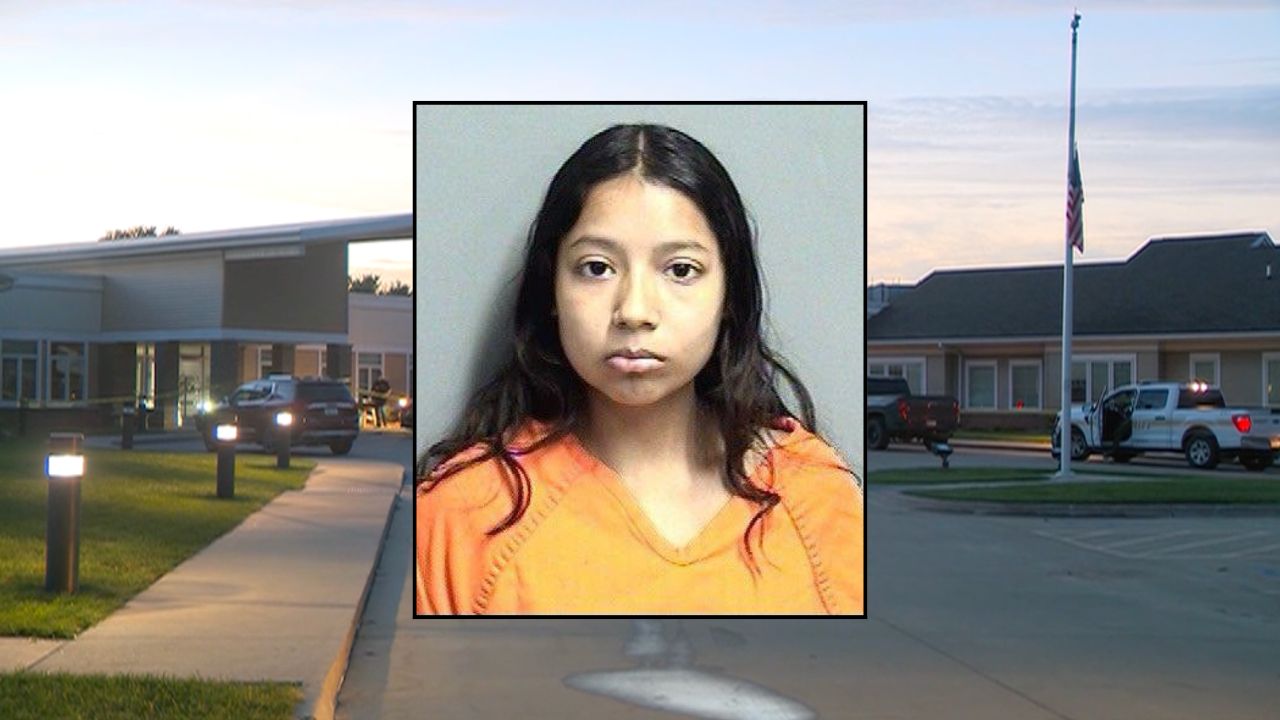 Inset: Stephanie Ubaldo (Perry Police Department). Background: Authorities at the daycare where Ubaldo is accused of birthing and killing her baby (WLBT).