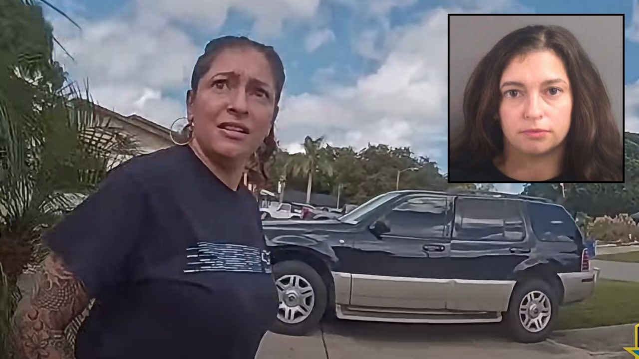 Main: Kristina Vitucci speaking to police about allegedly leaving her infant daughter in her car for hours (Edgewater Police Dept.). Inset: Vitucci (EPD).