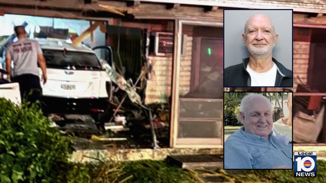 Inset top: Allen Matis (Miami-Dade Corrections). Inset bottom: Henry Bezy (WTVJ). Background: The home of Henry Bezy in Coral Gables, Florida (WPLG).