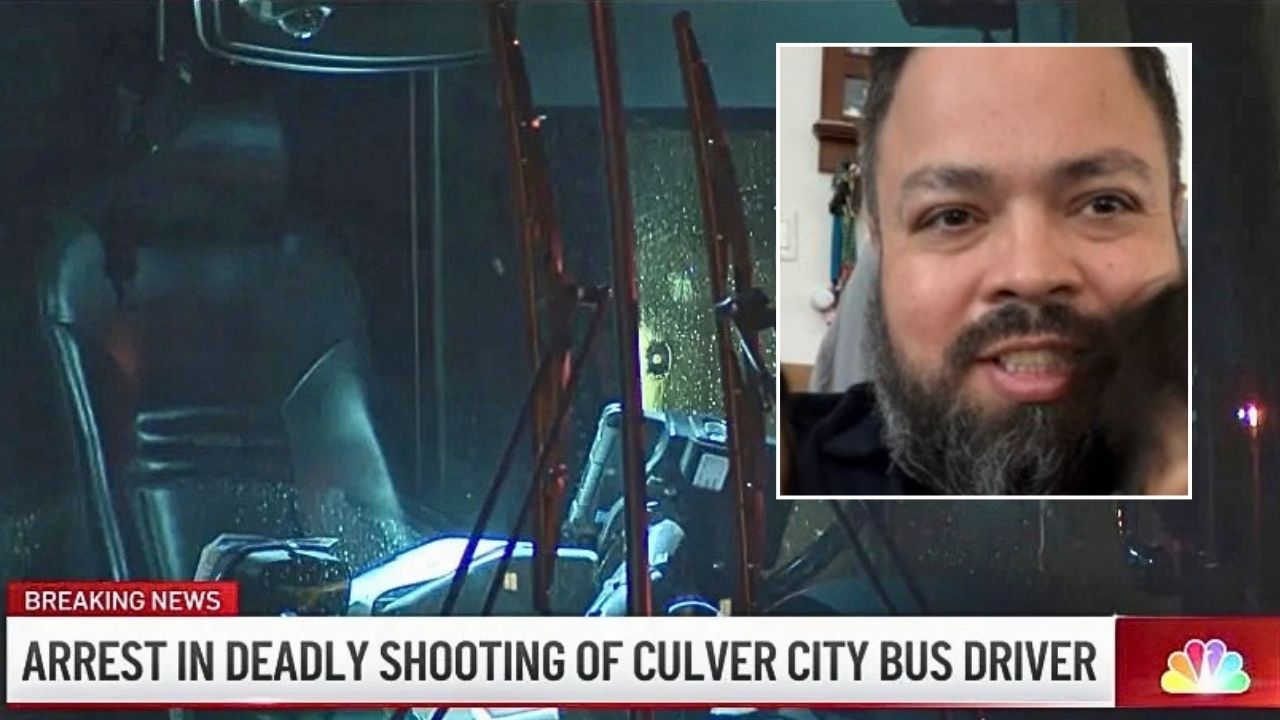 Inset: Bruce Rodriguez (GoFundMe). Background: The bus that Bruce Rodriguez was driving in Los Angeles County, Calif., when he was shot and killed (KNBC).