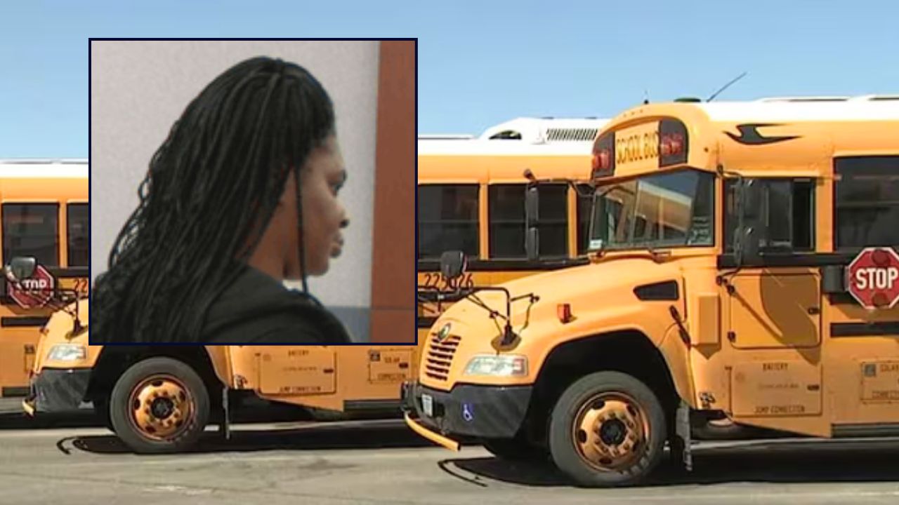 Inset: Carmen Morris (KLAS). Background: Nevada school buses (KVVU/YouTube).