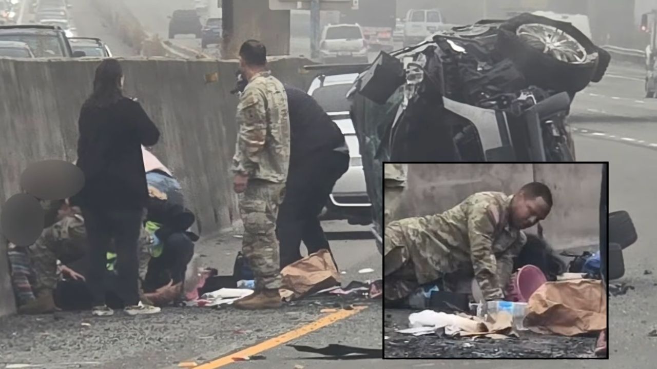 Inset: Janieka Ellington being pinned down and held by a U.S. Army soldier in Washington state, according to police (KING/Nathan Wilkinson/YouTube). Background: The aftermath of Janieka Ellington's alleged car crash and stabbing attacks on Interstate 5 in Washington state's Pierce County (KING/YouTube).
