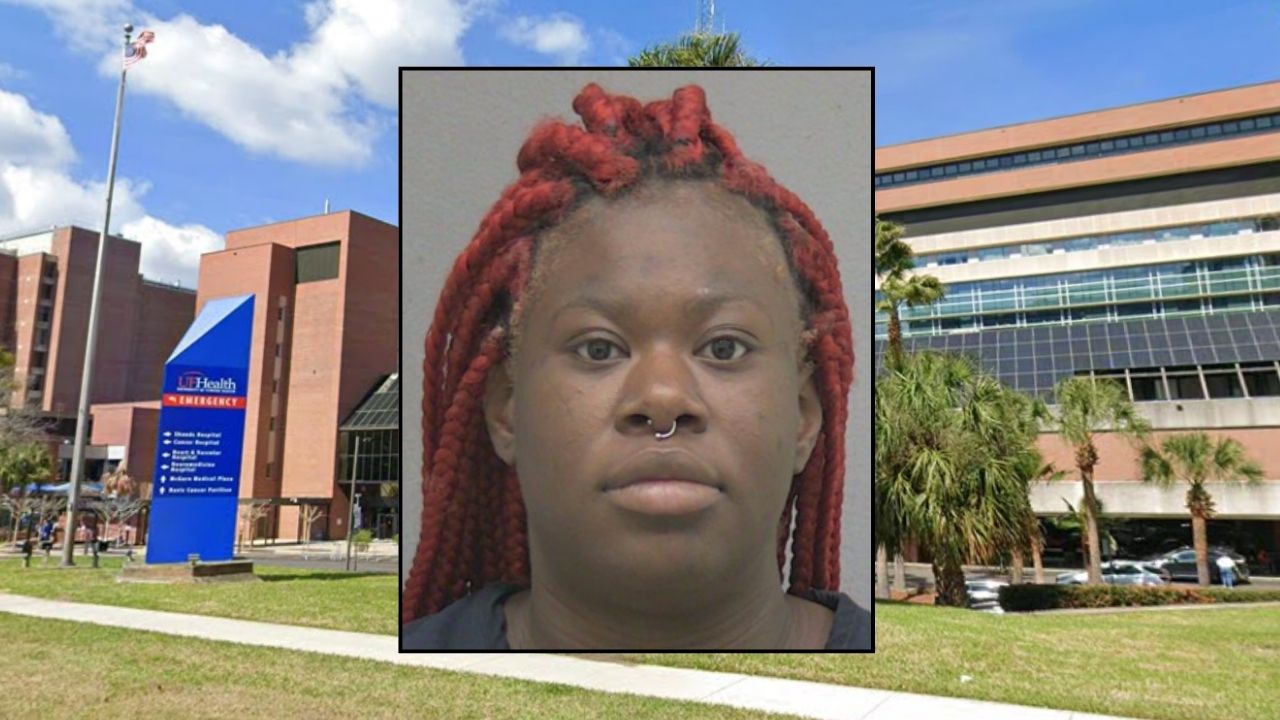 Inset: Juanisha Johnson (Alachua County Sheriff's Office). Background: The Florida hospital that Juanisha Johnson took her baby to (Google Maps).