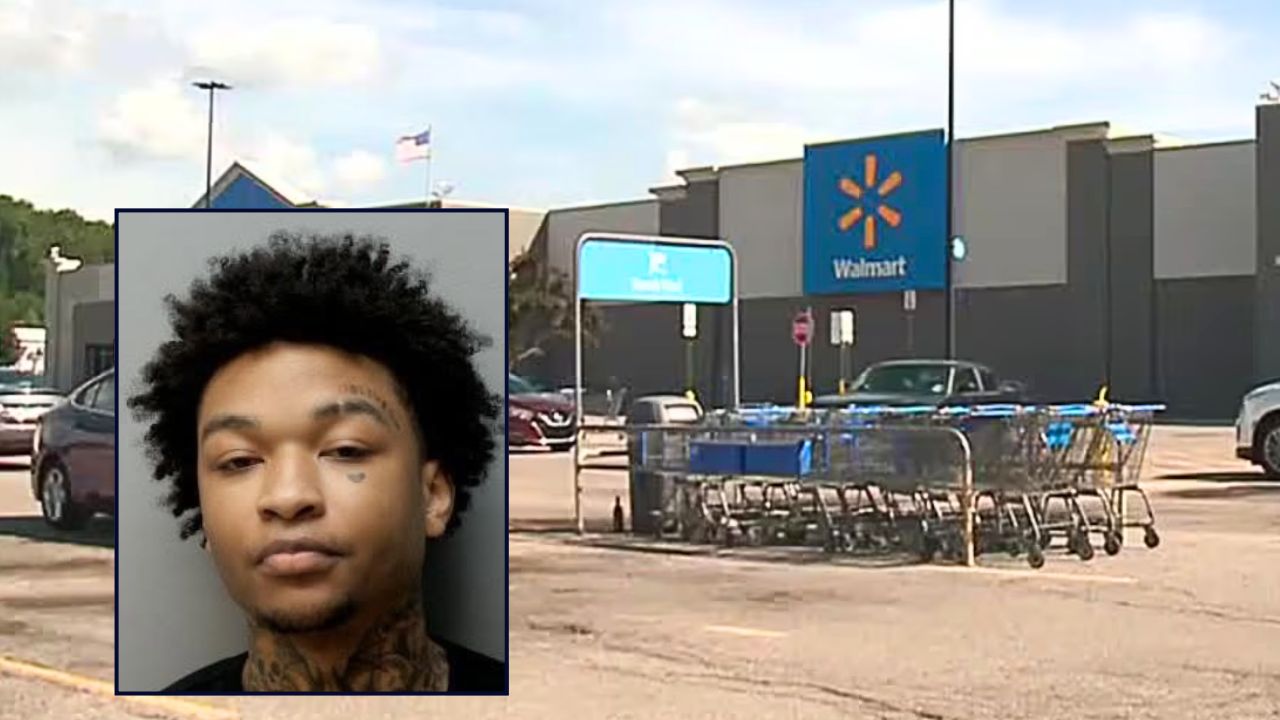 Inset: Kelvin Fuller (Collinsville Illinois Police Department). Background: The Walmart in Illinois where Kelvin Fuller stabbed his co-worker (KFVS).