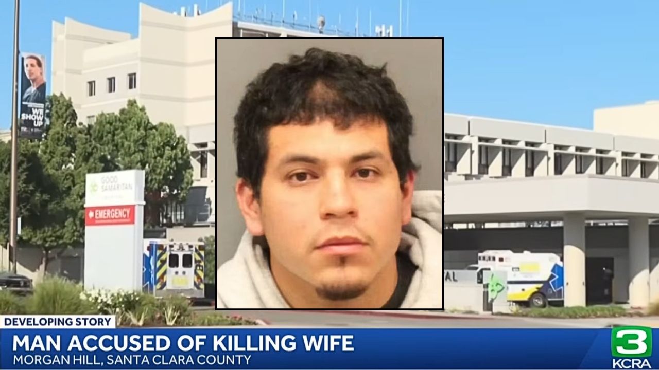Inset: Roy Lopez (Santa Clara County Sheriff's Office). Background: The California hospital where Roy Lopez allegedly left his dead wife inside a vehicle (KCRA/YouTube).