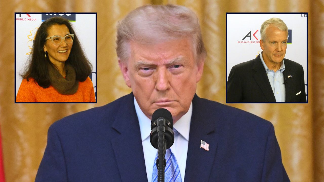 Mary Peltola and Dan Sullivan inset against Donald Trump