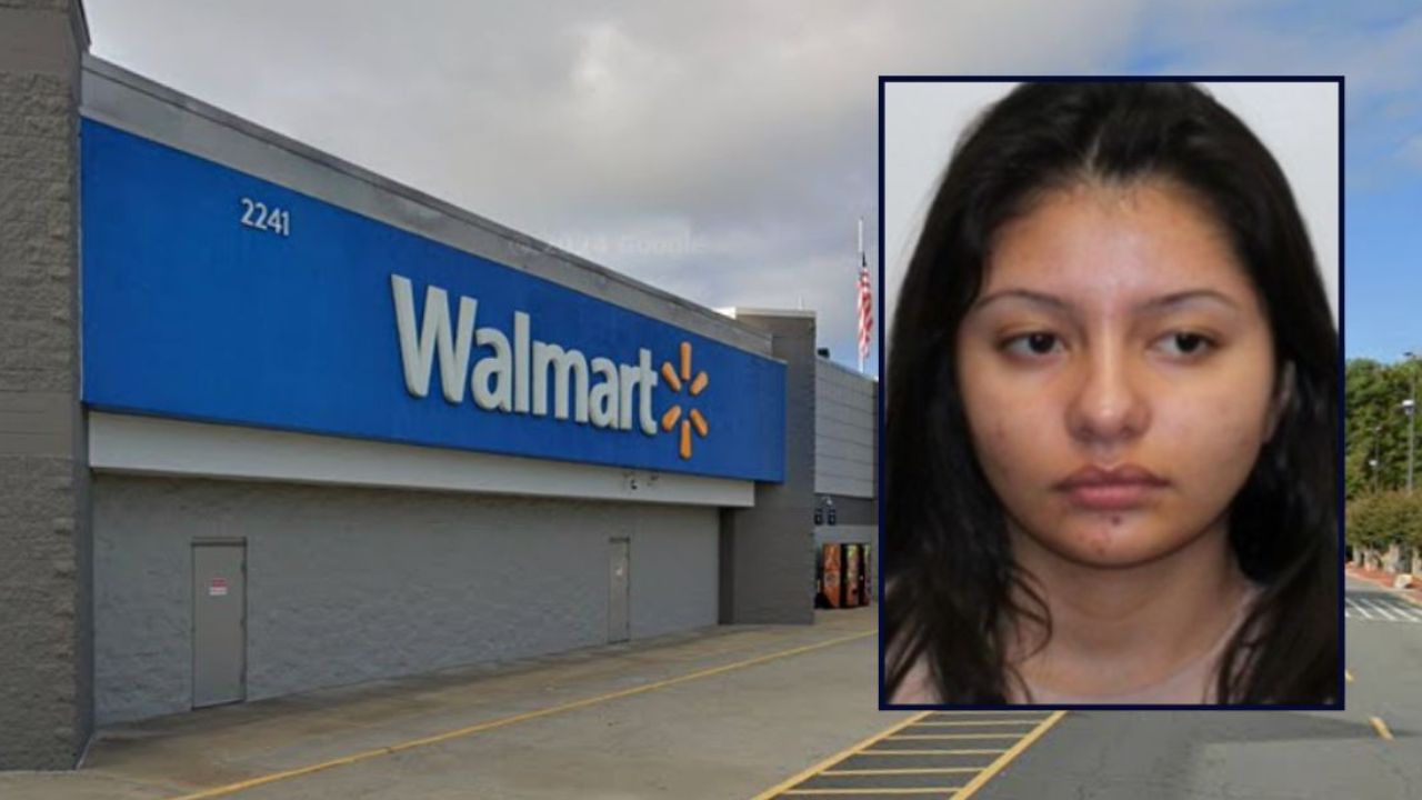 Vilma Elizabeth Huerta appears in a booking photo inset against an image of a Walmart in North Carolina.