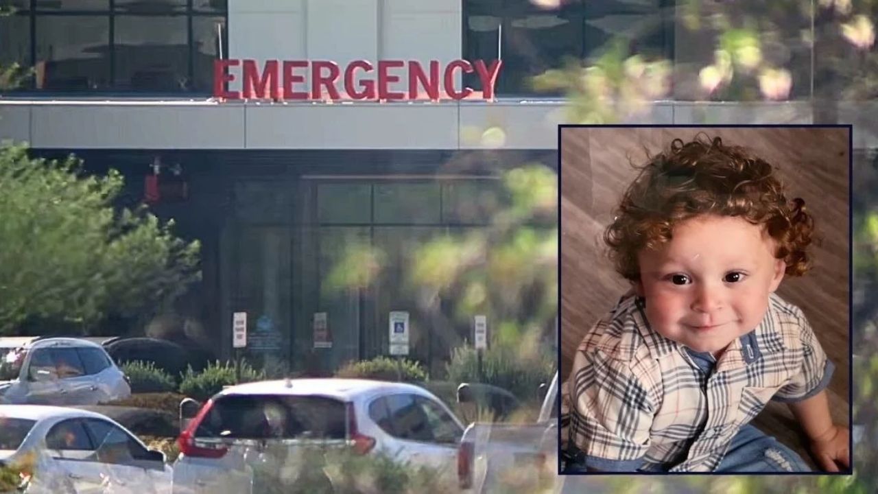 Inset: Vincent Fiordilino (GoFundMe). Background: The Arizona hospital where Vincent Fiordilino was declared dead after drowning in a pool (KNXV/YouTube).
