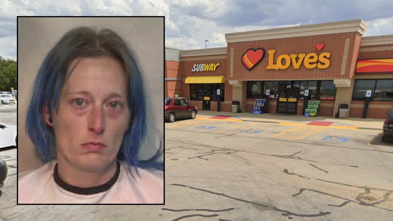 Inset: Kayla M. Christensen (Newton County Jail). Background: The Missouri truck stop where Christensen allegedly abandoned her 4-year-old daughter (Google Maps).
