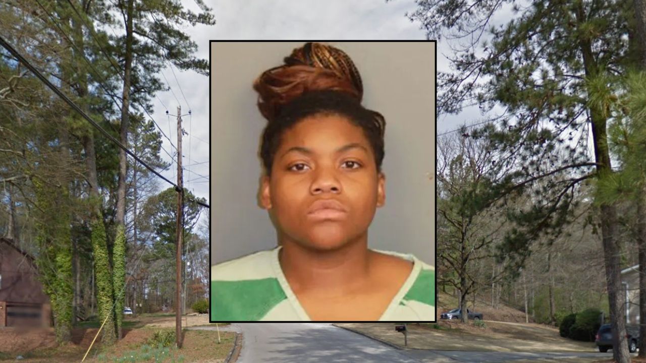 Inset: Tatiana Sade Hurst (Jefferson County Sheriff's Office). Background: The area in Alabama where her 2-year-old son nearly drowned (Google Maps).