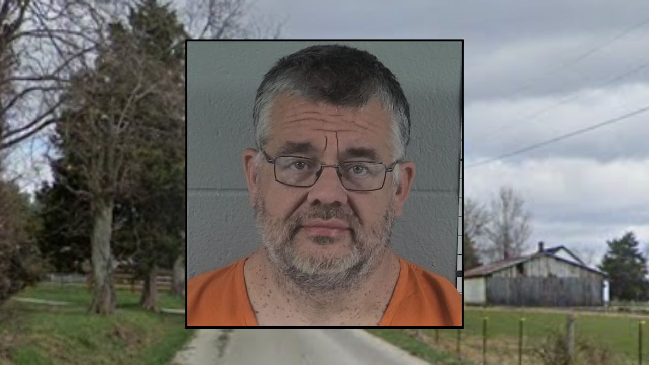 Inset: Jeffrey A. Mauck (Washington County Detention Center). Background: The area in Indiana where Mauck allegedly attempted to kidnap a child (Google Maps).